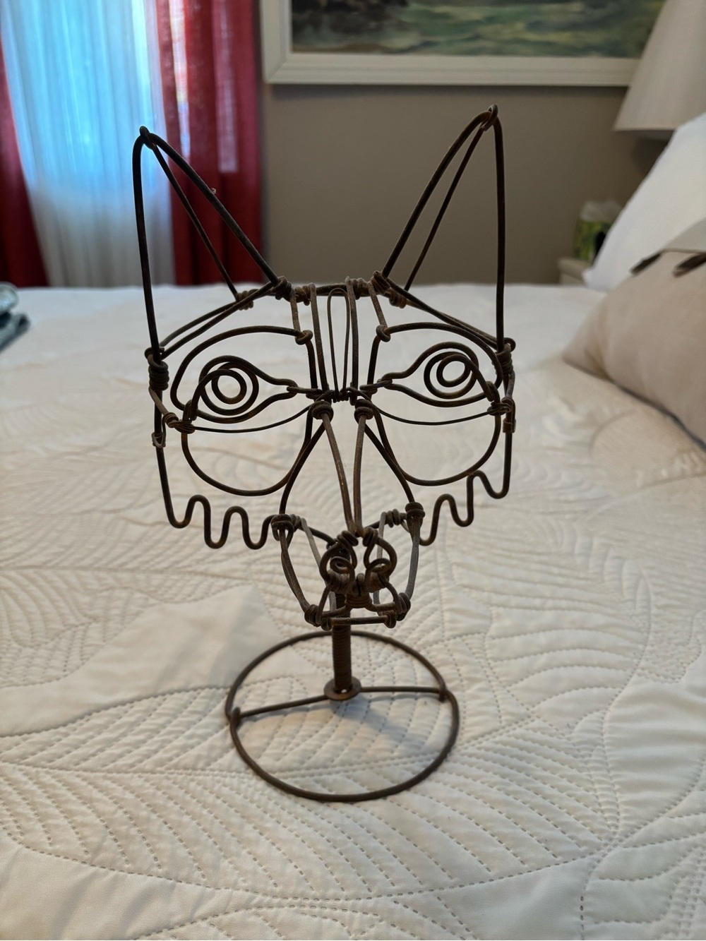 Vintage Wire Fox Face Sculpture Metal well Done Art signed on the washer Howard